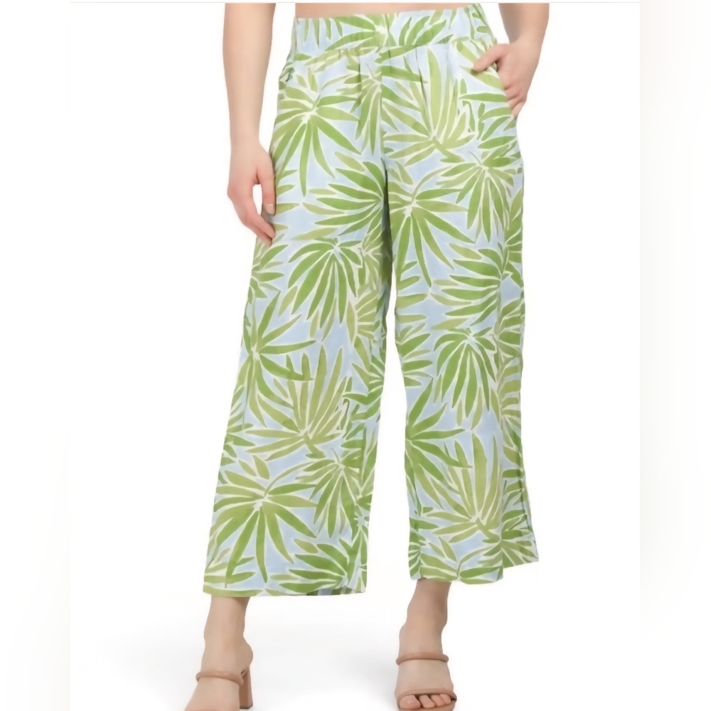 100 % Linen Sigrid Olsen Green Leaf Print Wide-Leg Pants
